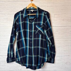 Lucky Brand Top Womens Size Large Blue Plaid Long Sleeve Button Down Cotton